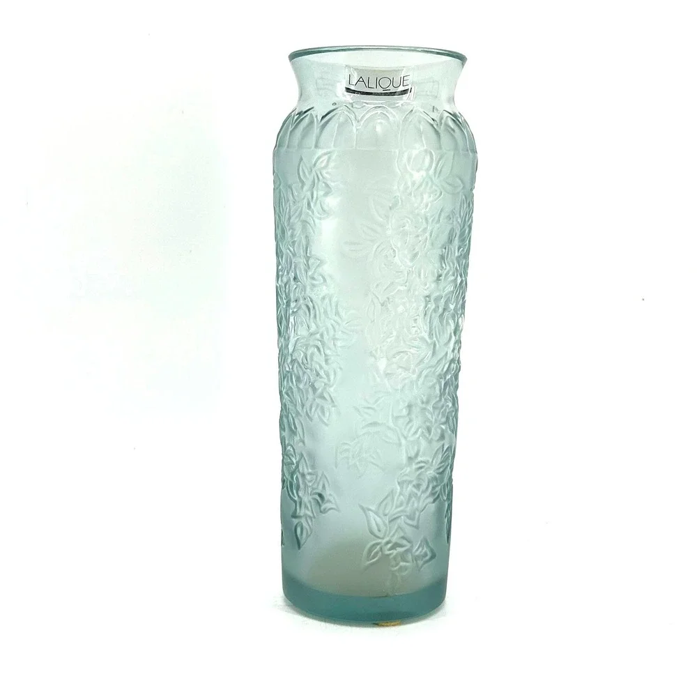 Lalique France Bougainvillier Frosted Glass Floral Vase Blue W/Original BoxPaper